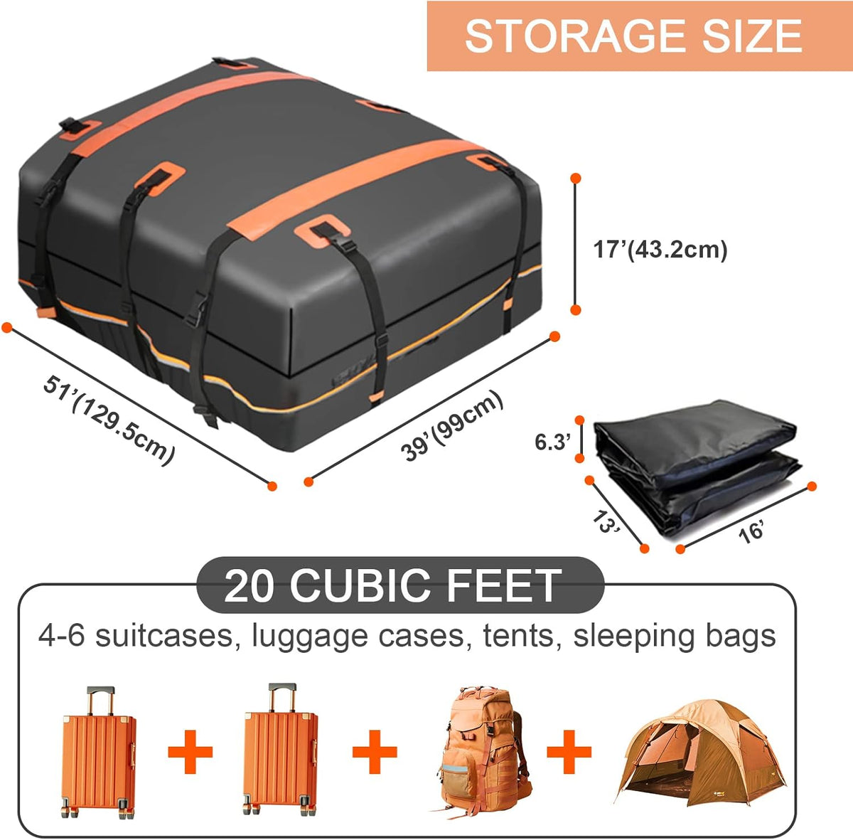 20 Cubic Feet Waterproof Soft Shell Rooftop Cargo Carrier with Reflective Strip and Anti-Slip Mat T79624