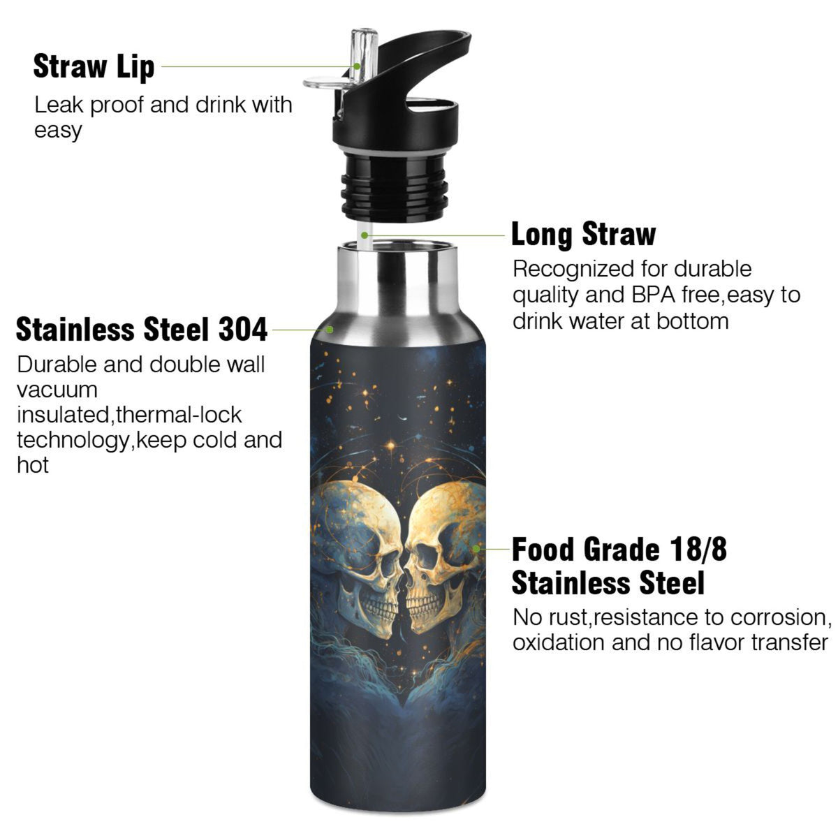Two Human Skeleton Stainless Steel Water Bottles with Straw Lid 20 oz A47396