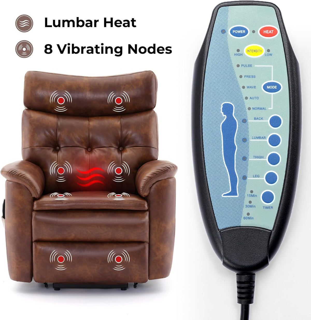 Brown Leather Power Lift Recliner with Massage and Heat N68215