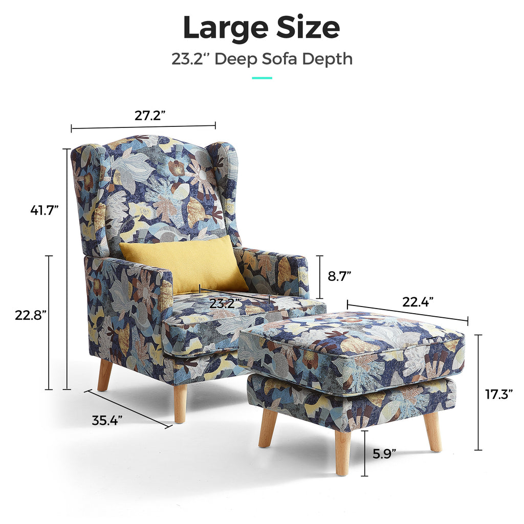 Accent Chair with Ottoman and Pillow, Wooden Leg T4462