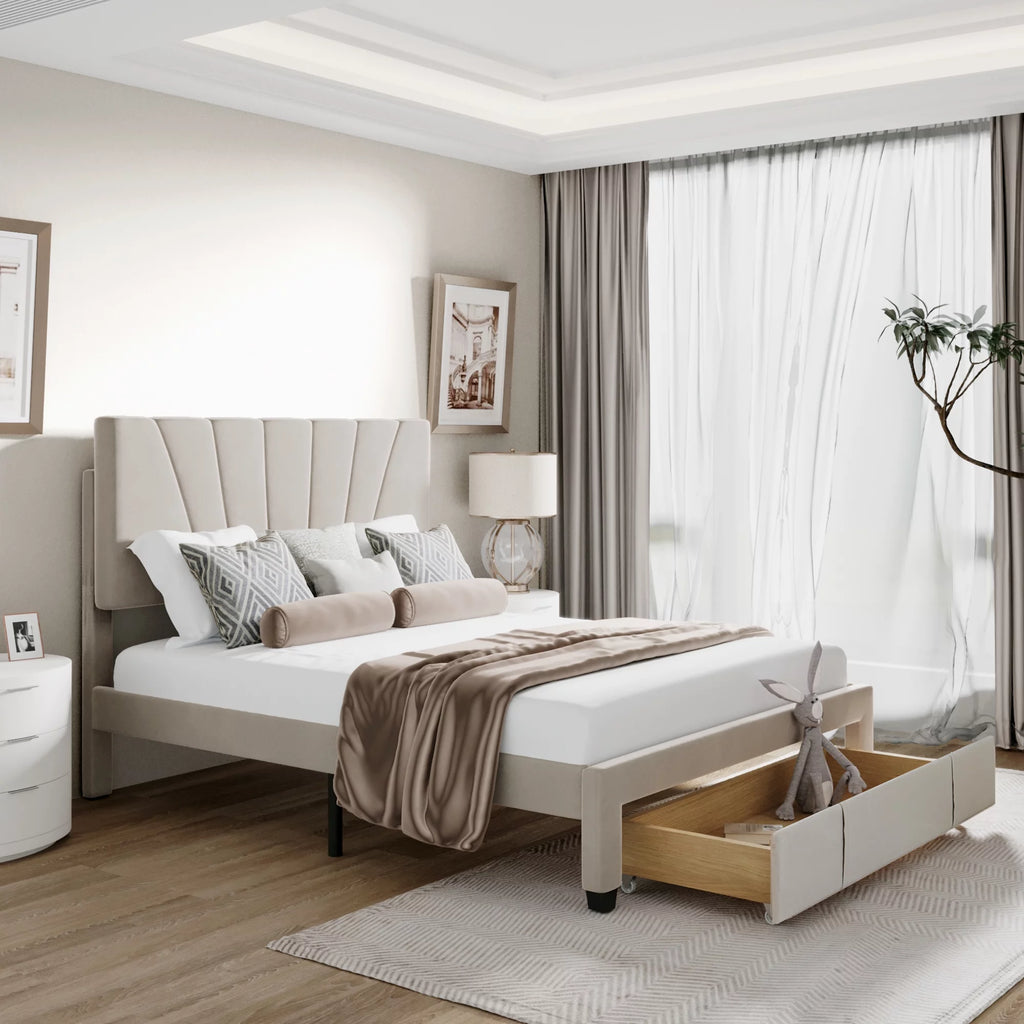 Beige Queen Size Velvet Upholstered Platform Bed with Drawer H4145
