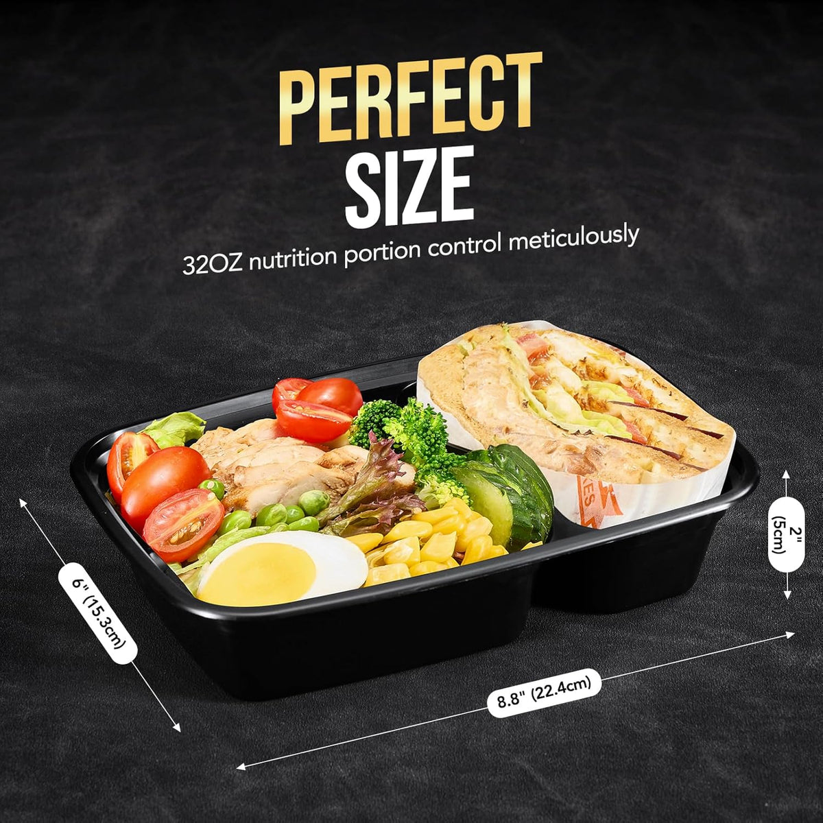 50 Pack 32oz 2 Compartment Meal Prep Container Microwave Safe BPA-Free Black Q7533