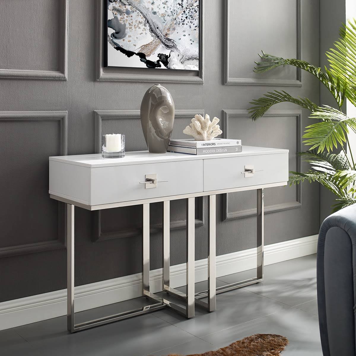 High Gloss Stainless Steel 2 Drawers Console Table S169