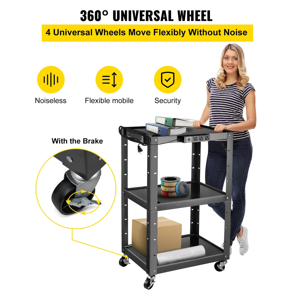 3-Shelf Steel AV Cart with Electric Power Cord W677