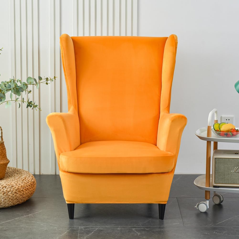 Orange Velvet Stretch Wingback Chair Sofa Slipcover with Elastic Bottom F6711