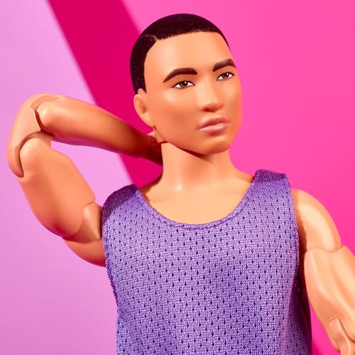 Barbie Ken Fashion Doll with Black Hair in Purple Mesh Top & Pink Trousers, Posable Collectible with Made to Move Body H8474