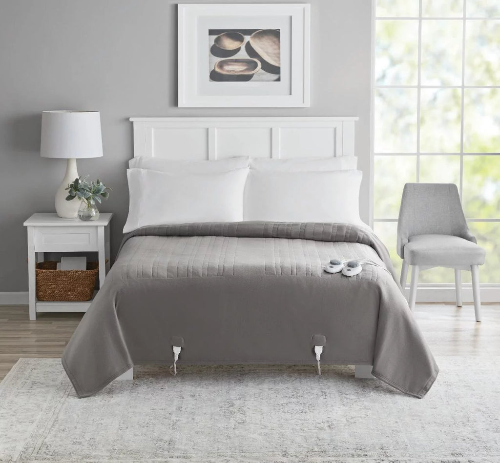 Gray Queen Soft Fleece Electric Heated Blanket, 84" x 90", 2 controllers B12065