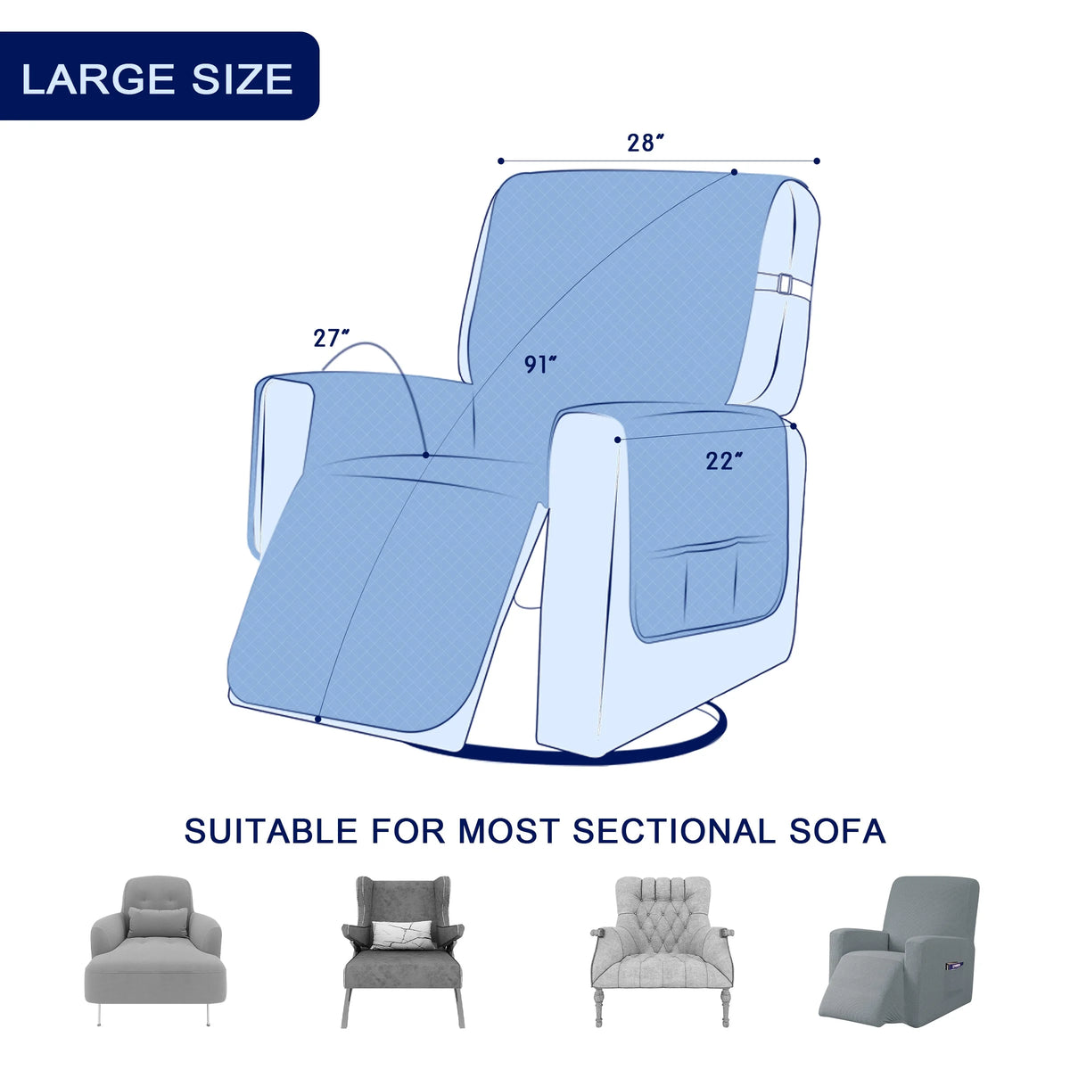 Reversible Recliner Sofa Slipcover with Side Pockets Y298