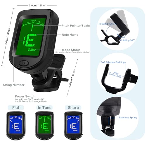 Guitar Accessories Kit with Clip On Tuner, 3 in 1 Capo, 30 Picks, Pick Holder, Leather Plectrum Pouch Keyring & Storage Case D95031