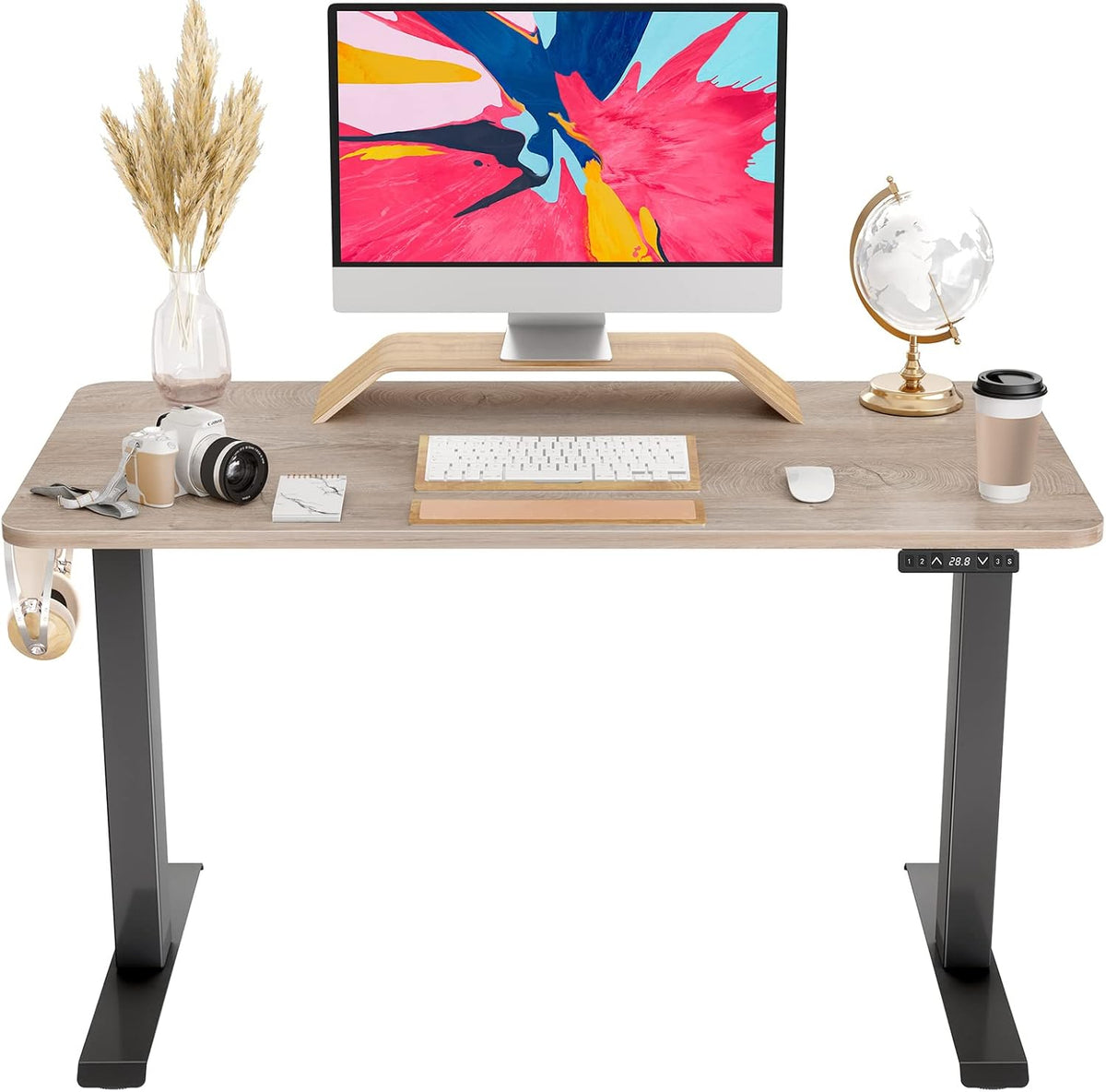 Black Steel Frame Standing Desk with Rustic Brown Wood Tabletop W968
