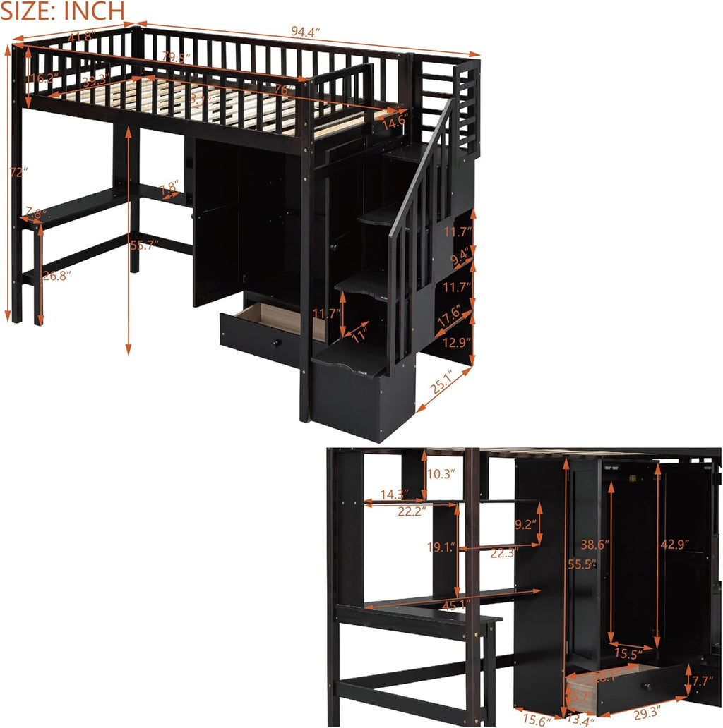 Twin Size Solid Wood Loft Bed with Stairs, Desk, Bookshelf, Drawers and Wardrobe D6083