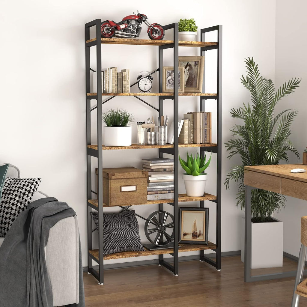 Rustic Brown 4 Tiers Metal Frame Bookshelf N7740