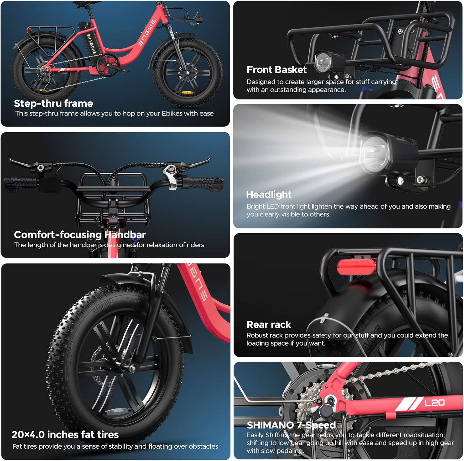 Electric Bike with 20 * 4.0" Fat Tire, 48V13Ah Battery, 7-Speed Gear, Front Suspension (Black) B244729