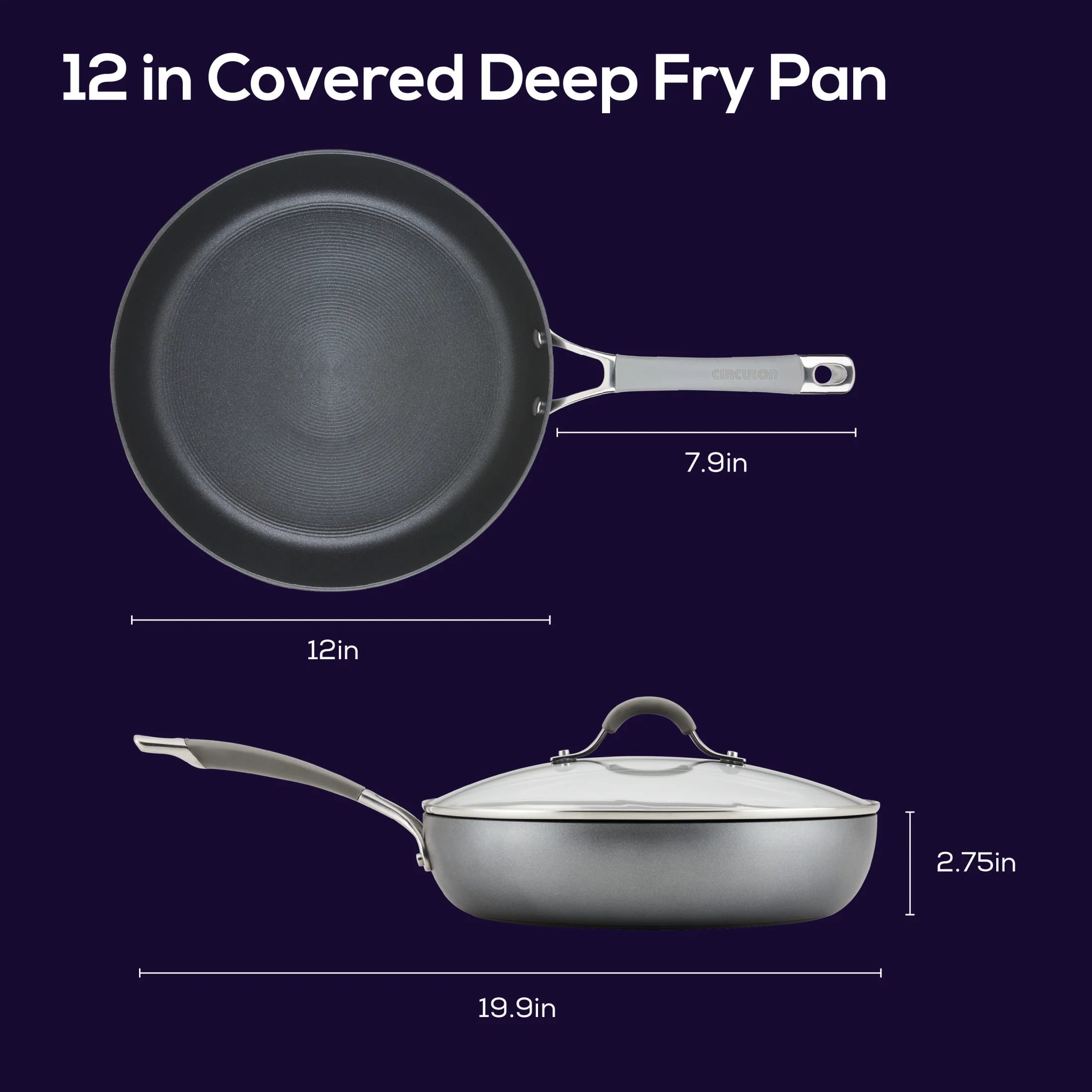 12 inch Hard-Anodized Nonstick Deep Frying Pan with Lid, Gray L882
