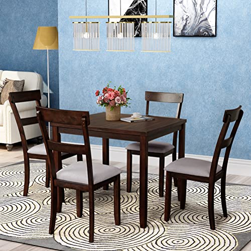 6 Piece Wood Dining Table Set with 4 Upholstered Chairs and Bench, Espresso T878