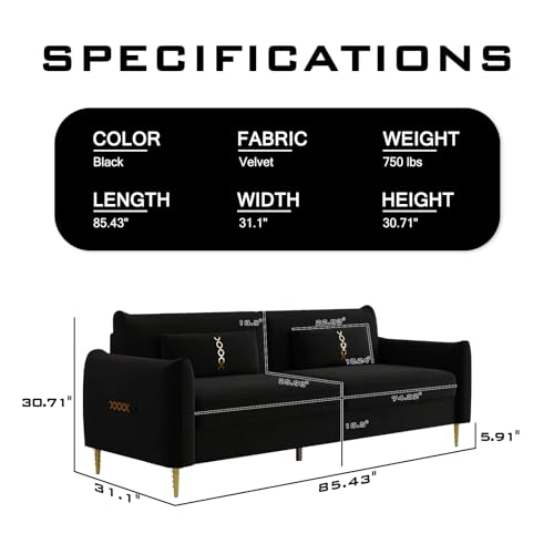 85 in 3-Seat Velvet Couch with Solid Wood Frame, 2 Pillows, Gold Legs W19362