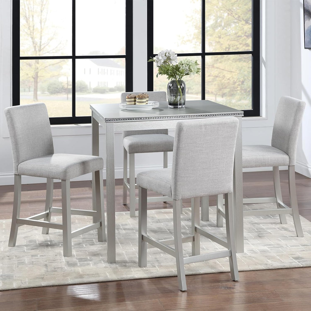 5-Piece Acacia Wood Counter Height Dining Table Set with 4 Upholstered-Seat Chairs M7968