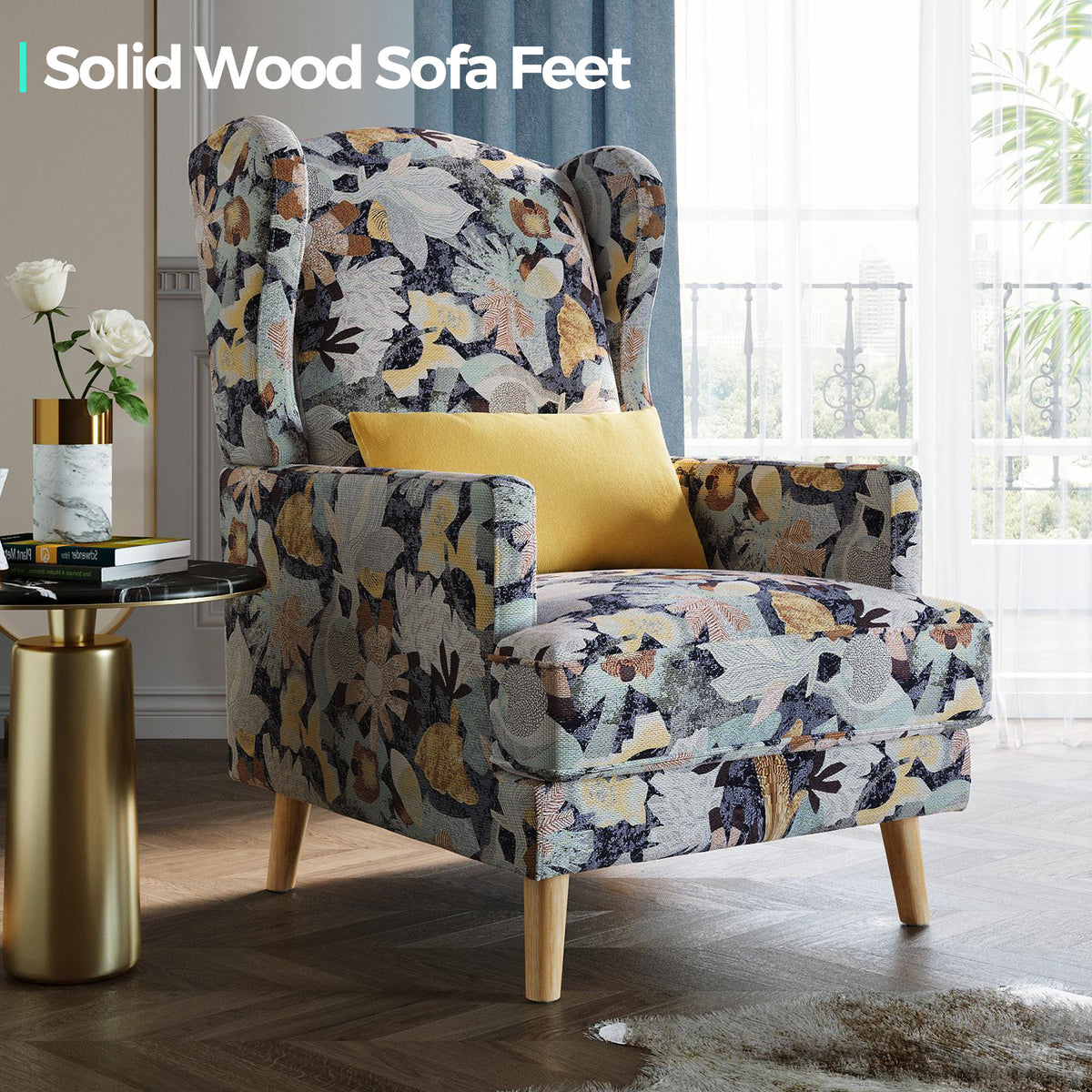 Accent Chair with Ottoman and Pillow, Wooden Leg T4462