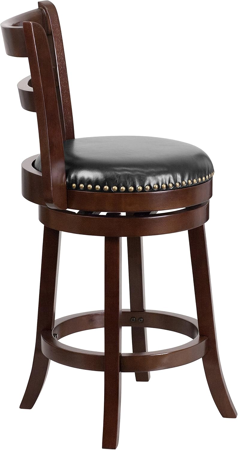 Cappuccino Wood Counter Height Stool with Black LeatherSoft Swivel Seat S981