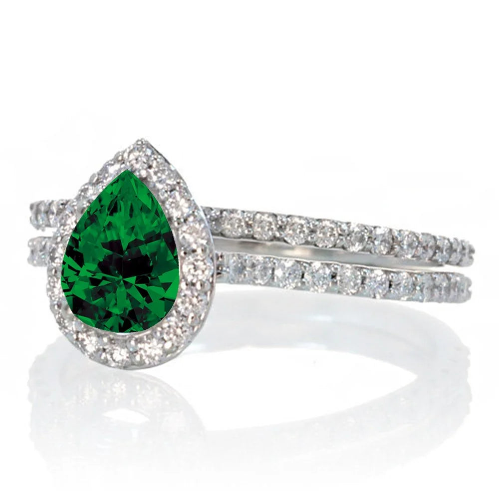 Pear Cut Emerald Halo Bridal Set on 10k White Gold E1561