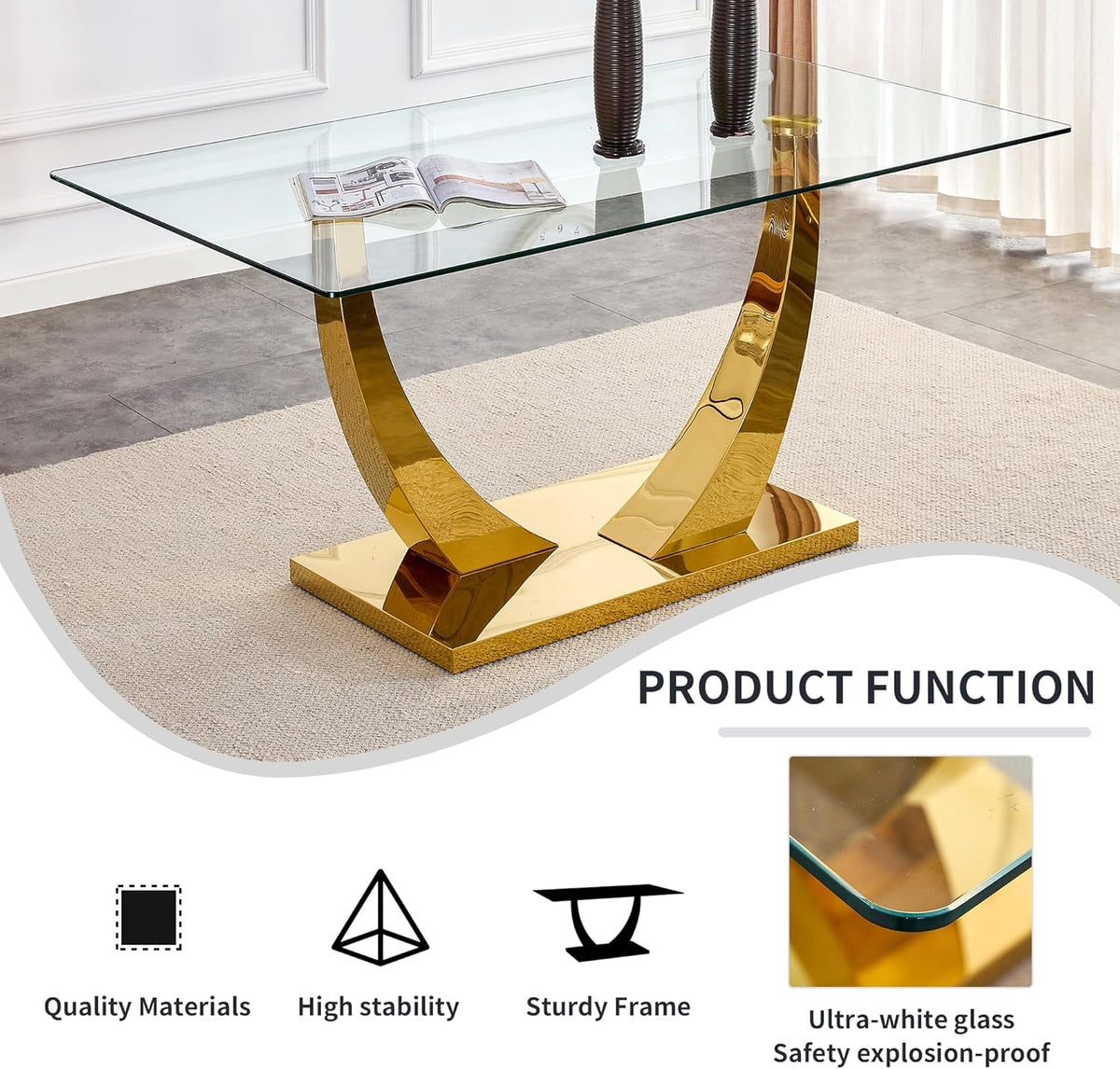 Contemporary Glass Top Rectangular Dining Table with Stainless Steel Base T4923