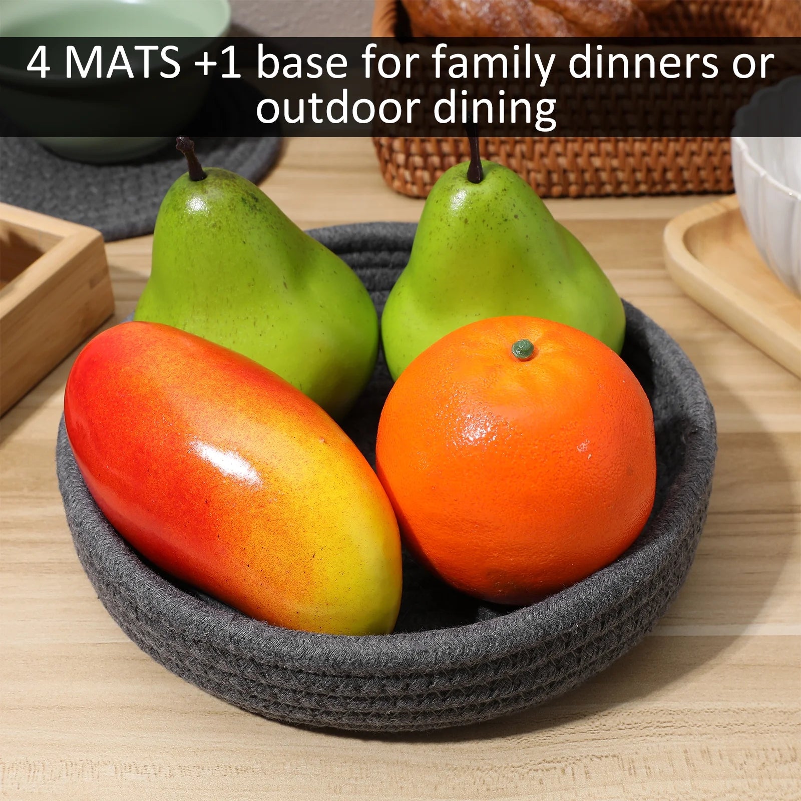 Dark Grey Cotton Rope Placemat Set Round Woven Coasters U146