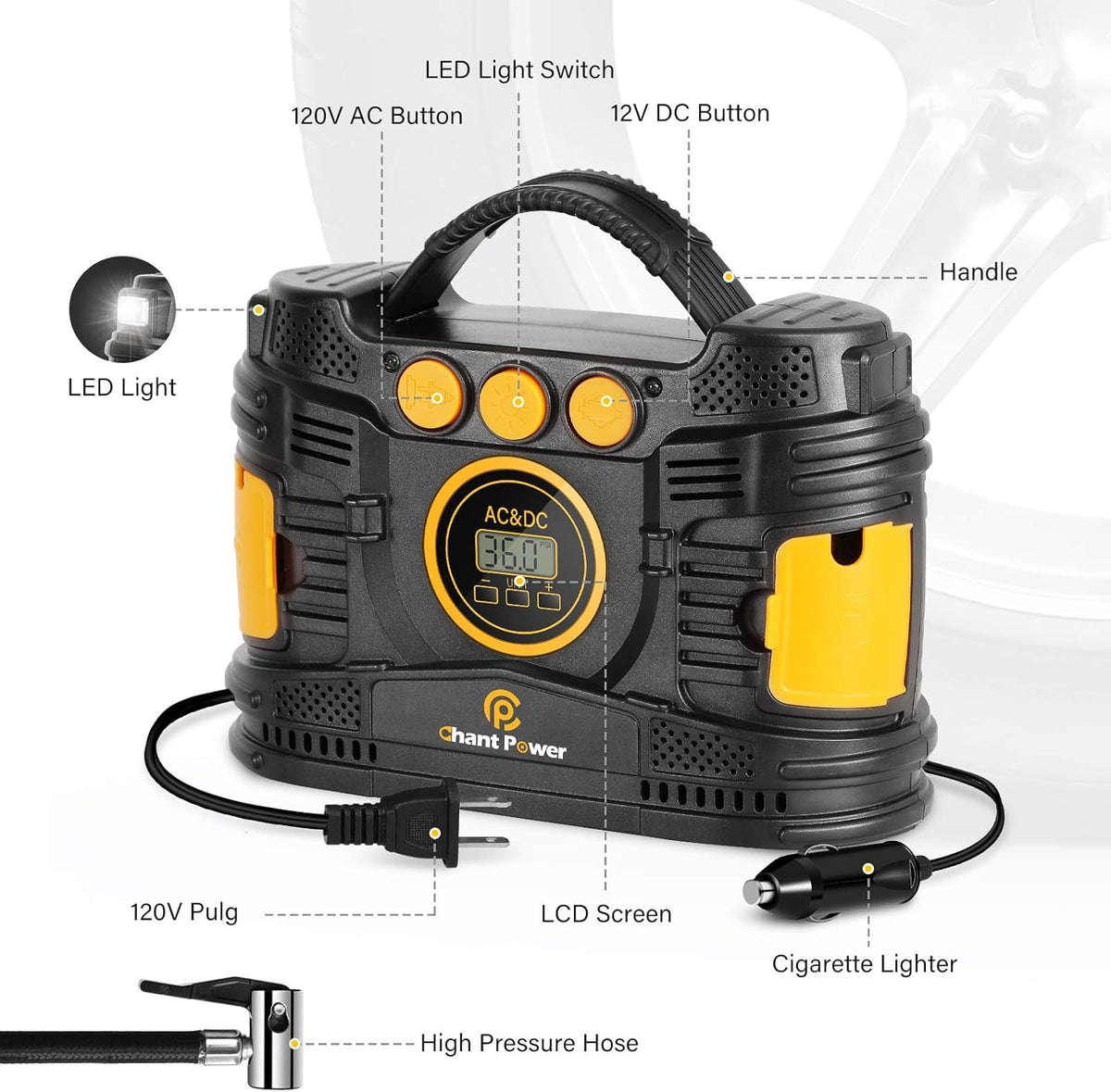 Portable 12V DC/120V AC Tire Inflator with Digital Pressure Gauge D385294