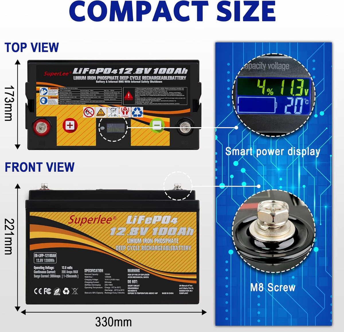 12.8V 100AH LiFePO4 Battery with LCD Display, 5000+ Cycle Lithium Iron Phosphate Battery with BMS Y234316
