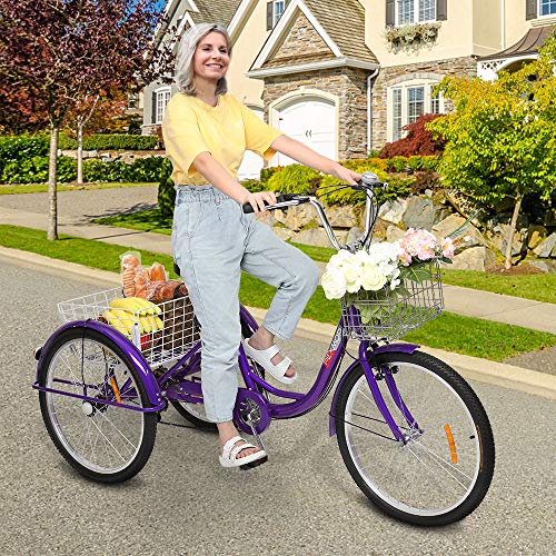 Adult Tricycle 7 Speed 24/26 Inch 3 Wheel Trike with Folding Front & Rear Basket E5714