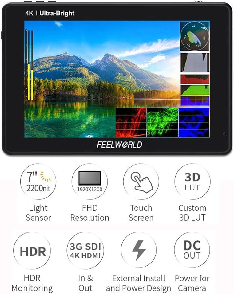 7 Inch 2200nits Touch Screen HDR Camera Field Monitor with F970 External Power and Install Kit G883918