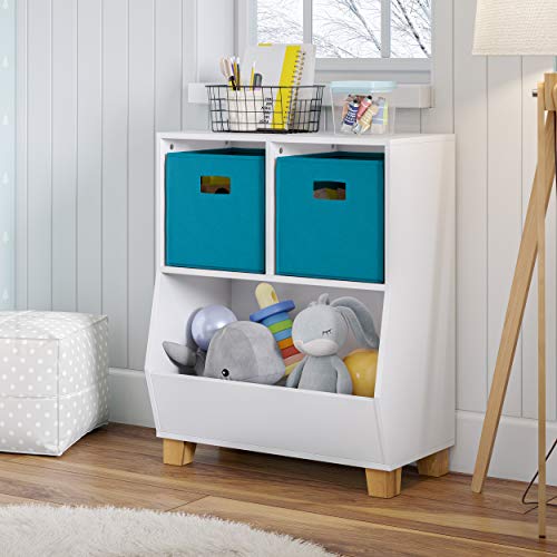 White Kids Bookshelf Toy Storage Organizer with 2 Cubbies & Bin X31883