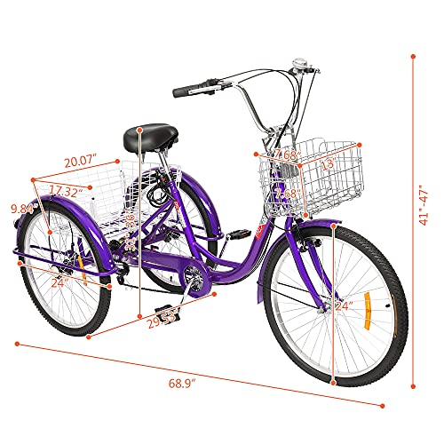 Adult Tricycle 7 Speed 24/26 Inch 3 Wheel Trike with Folding Front & Rear Basket E5714