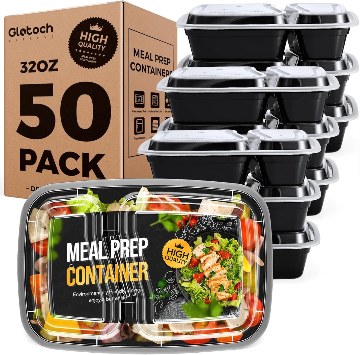 50 Pack 32oz 2 Compartment Meal Prep Container Microwave Safe BPA-Free Black Q7533