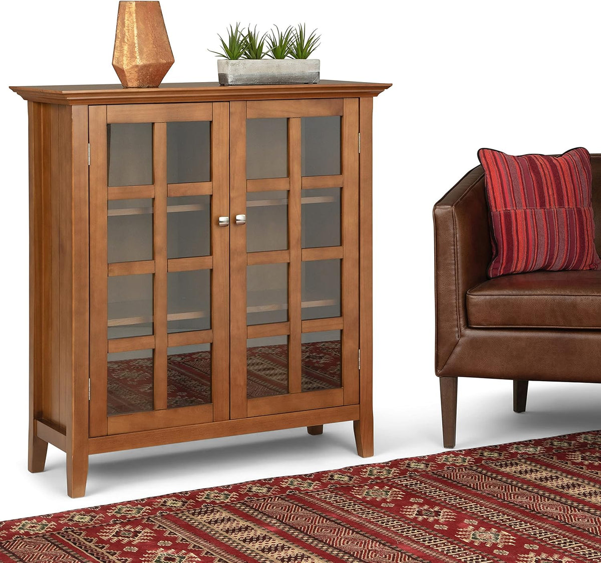 Distressed Grey Solid Wood Storage Cabinet with 2 Tempered Glass Doors A369