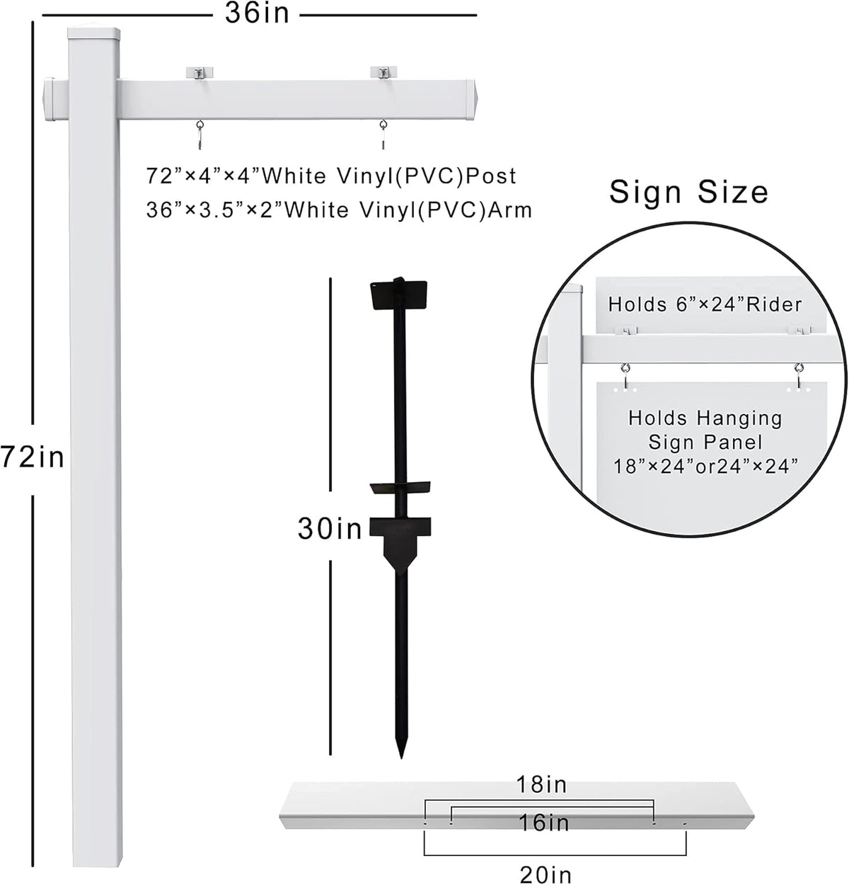 Vinyl PVC Real Estate Sign Post with Flat Cap 6' Tall, 36 Arm Holds Up to 24 Sign, White U492819