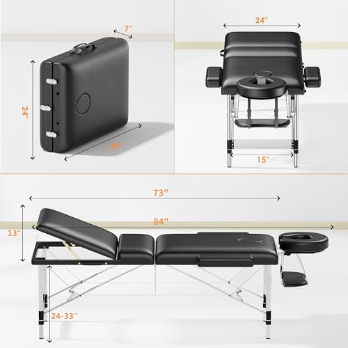 Black 84" Long 24" Wide 3 Sections Reclining Massage Couch with Carrying Bag V5437