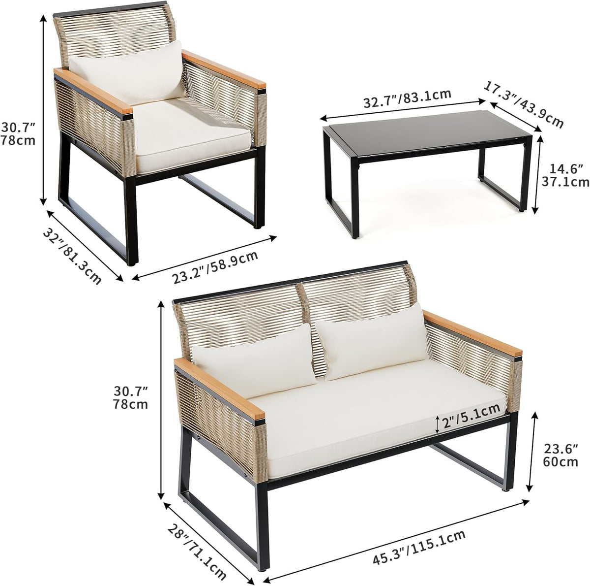 4-Piece All Weather Rattan Conversation Loveseat with Gray Cushions and Metal Coffee Table W700332