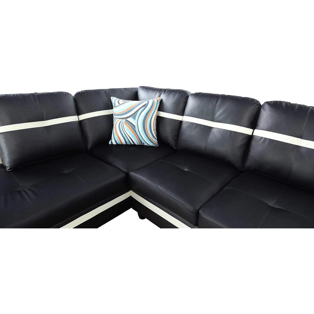 Black Leather 3-Piece L-Shaped Sectional Sofa Set with Ottoman E6032