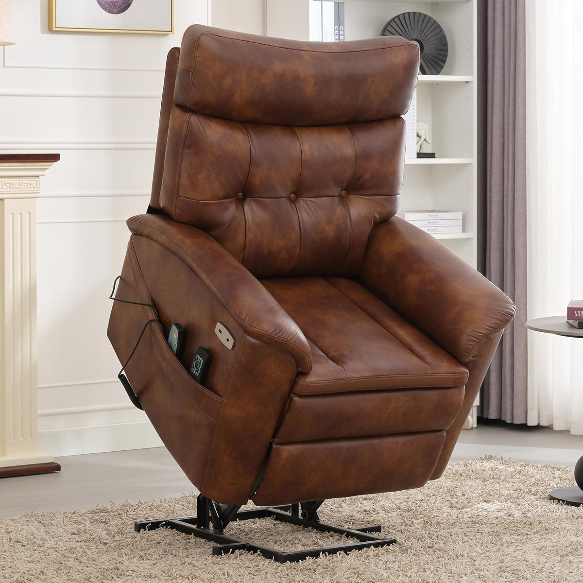 Brown Leather Power Lift Recliner with Massage and Heat N68215