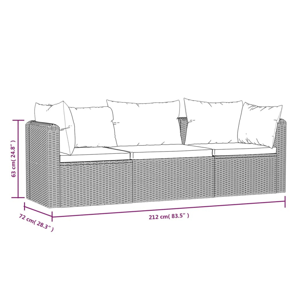 3 Piece Poly Rattan Patio Sofa Set with Cushions E962