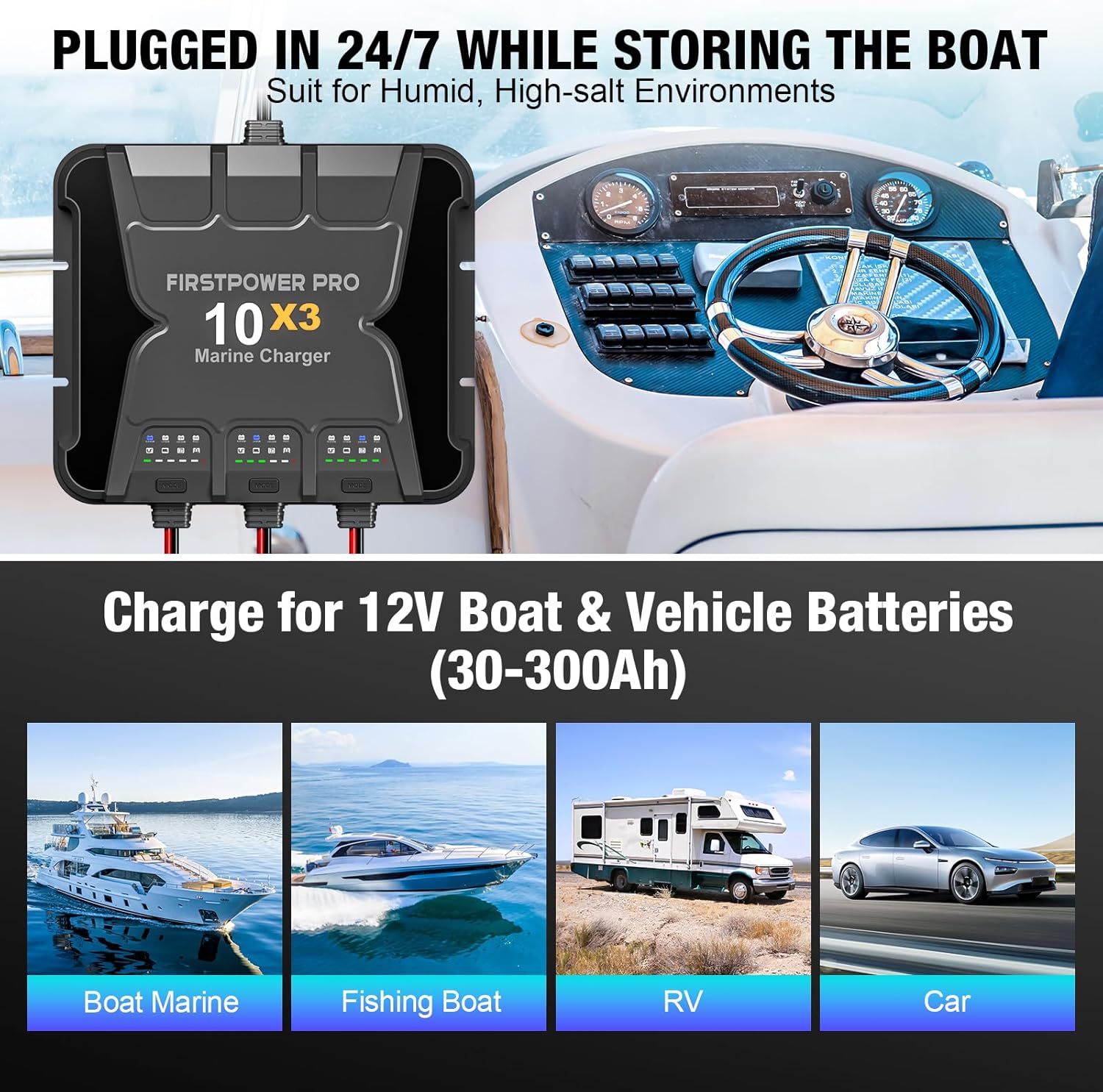 30A 12V Waterproof Onboard Battery Charger for SLA/AGM, Lithium, Calcium & Deep-Cycle Battery Z872872