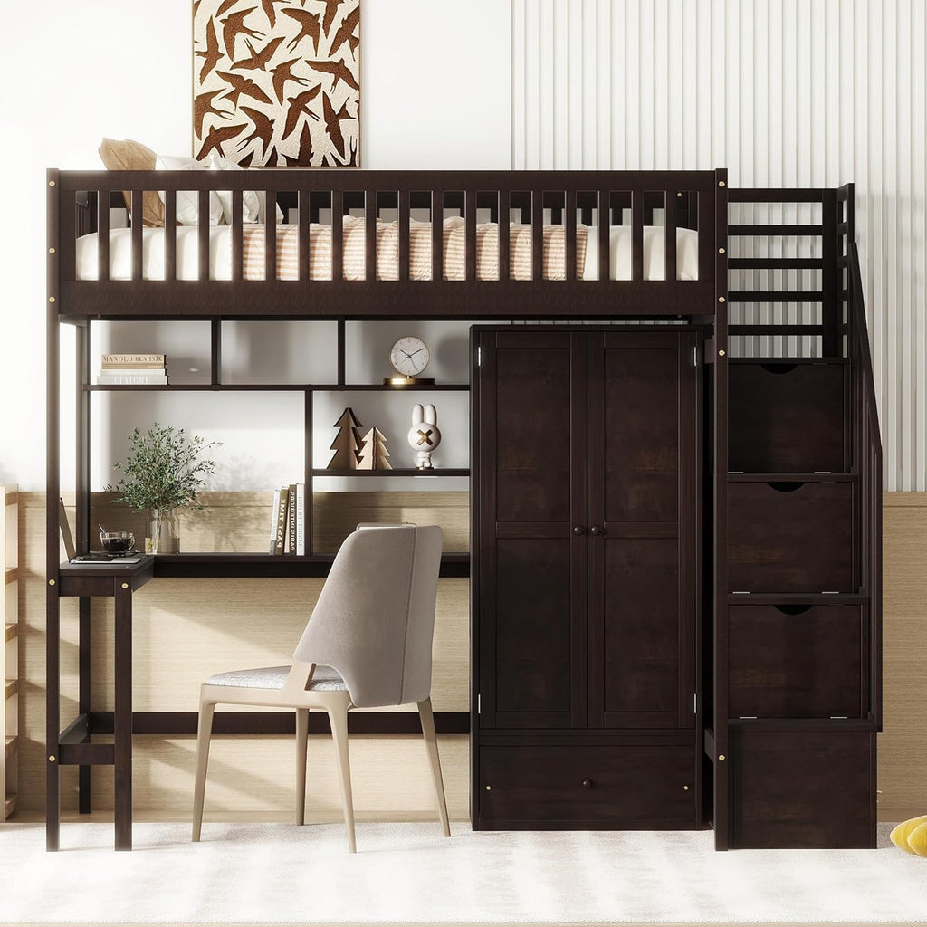 Twin Size Solid Wood Loft Bed with Stairs, Desk, Bookshelf, Drawers and Wardrobe D6083