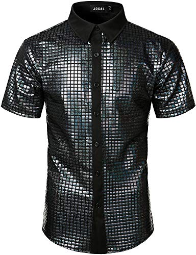 Rainbow Sequins Disco Party Dress Short Sleeve Button Down Shirts Y780899