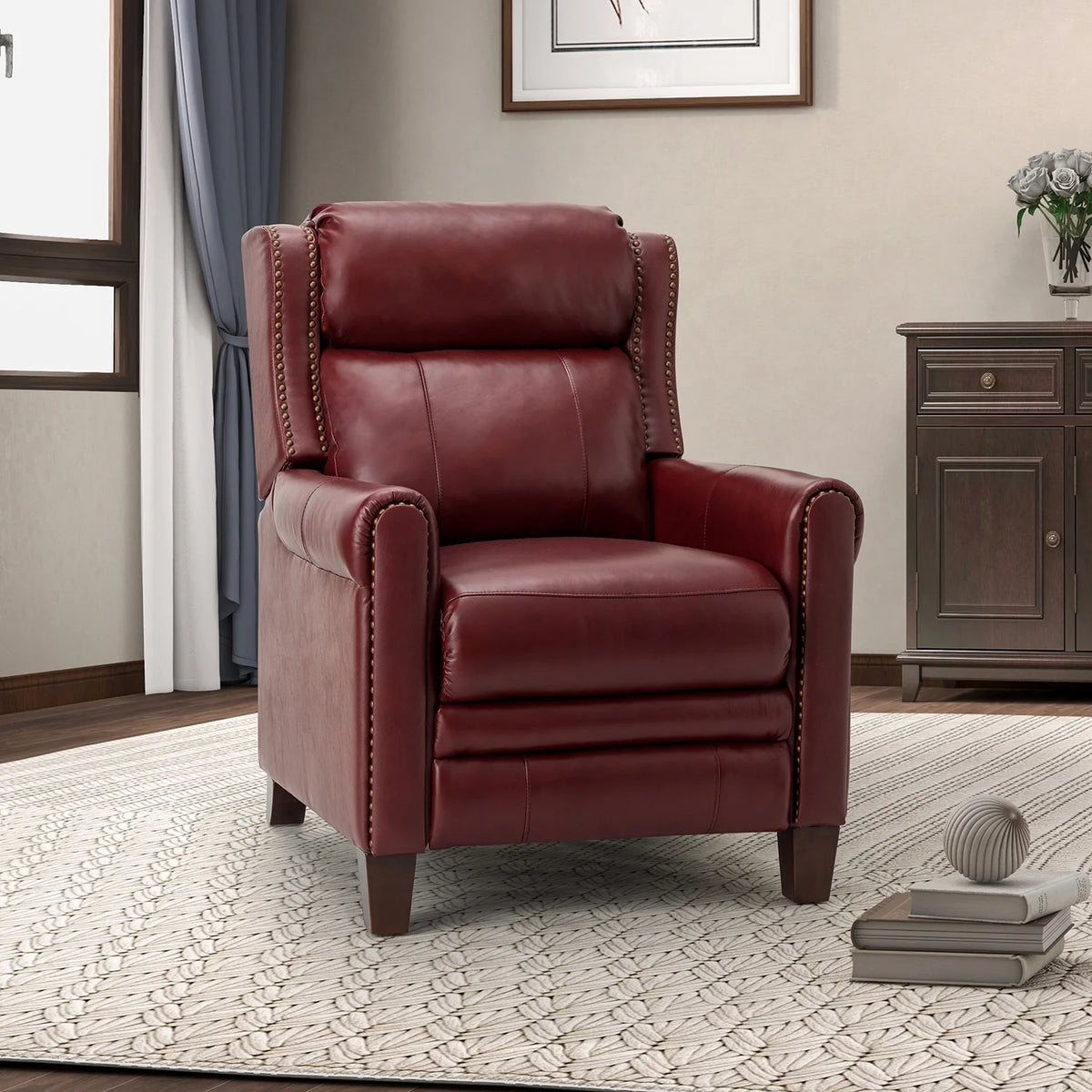 Burgundy Leather Recliner Chair with Wooden Legs A8273