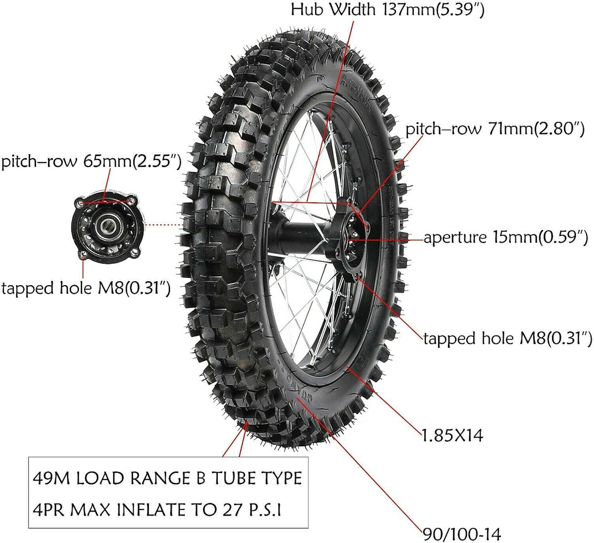 Rear Wheel Rim 90/100-14" Tire 125cc 140cc 150cc 160 Pit Dirt Bike Scooter 15mm Hole M133