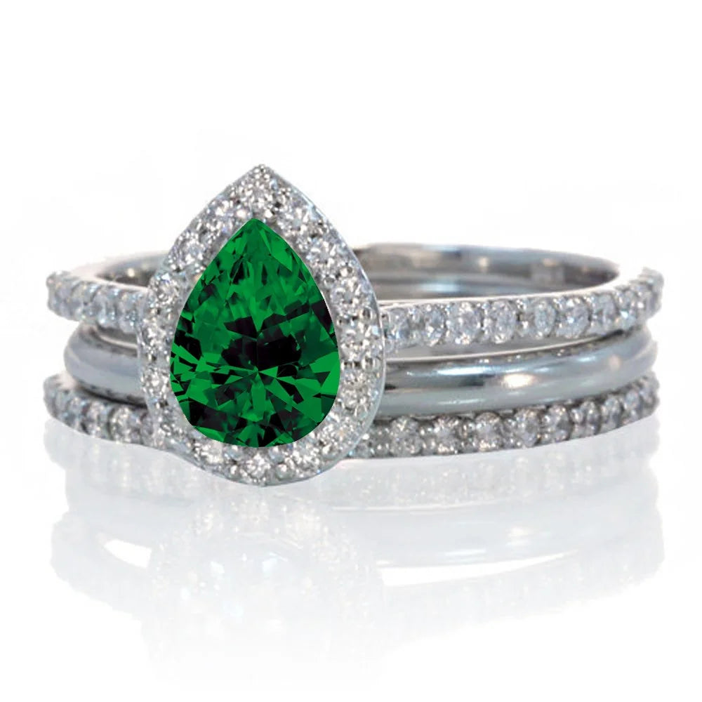 Pear Cut Emerald Halo Bridal Set on 10k White Gold E1561