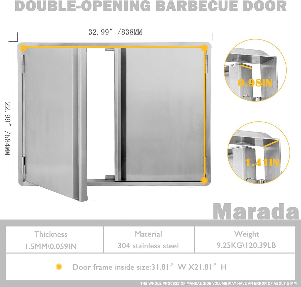 Stainless Steel Double Wall Outdoor Kitchen BBQ Access Door 33W x 23H Inch I6042