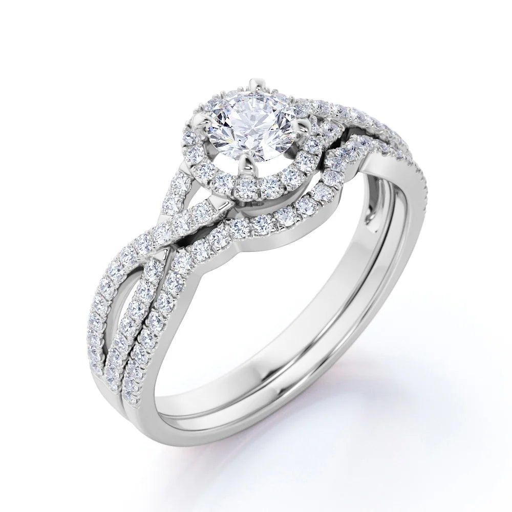 10k White Gold Diamond Halo Wedding Ring Set U5555