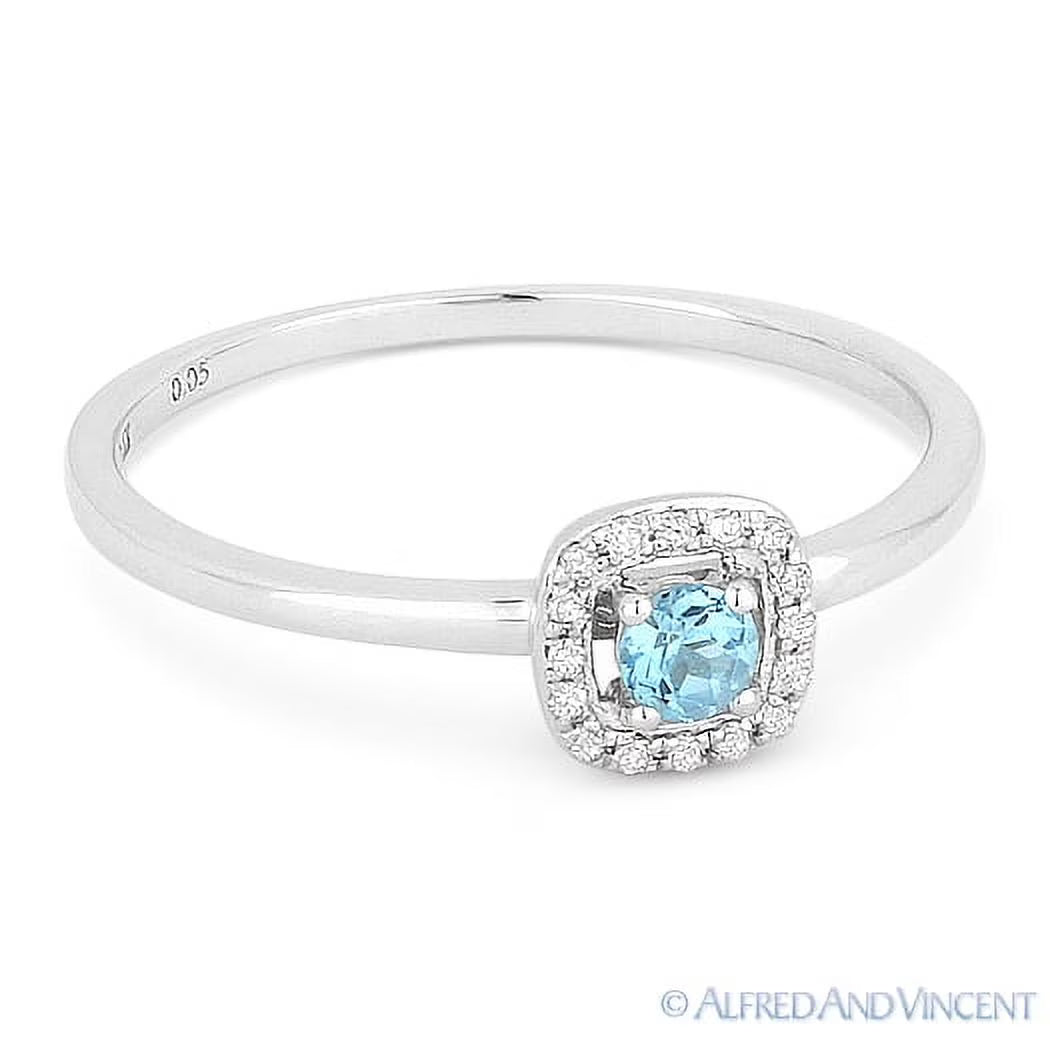 14k White Gold Blue Topaz Diamond Square Halo Ring N399