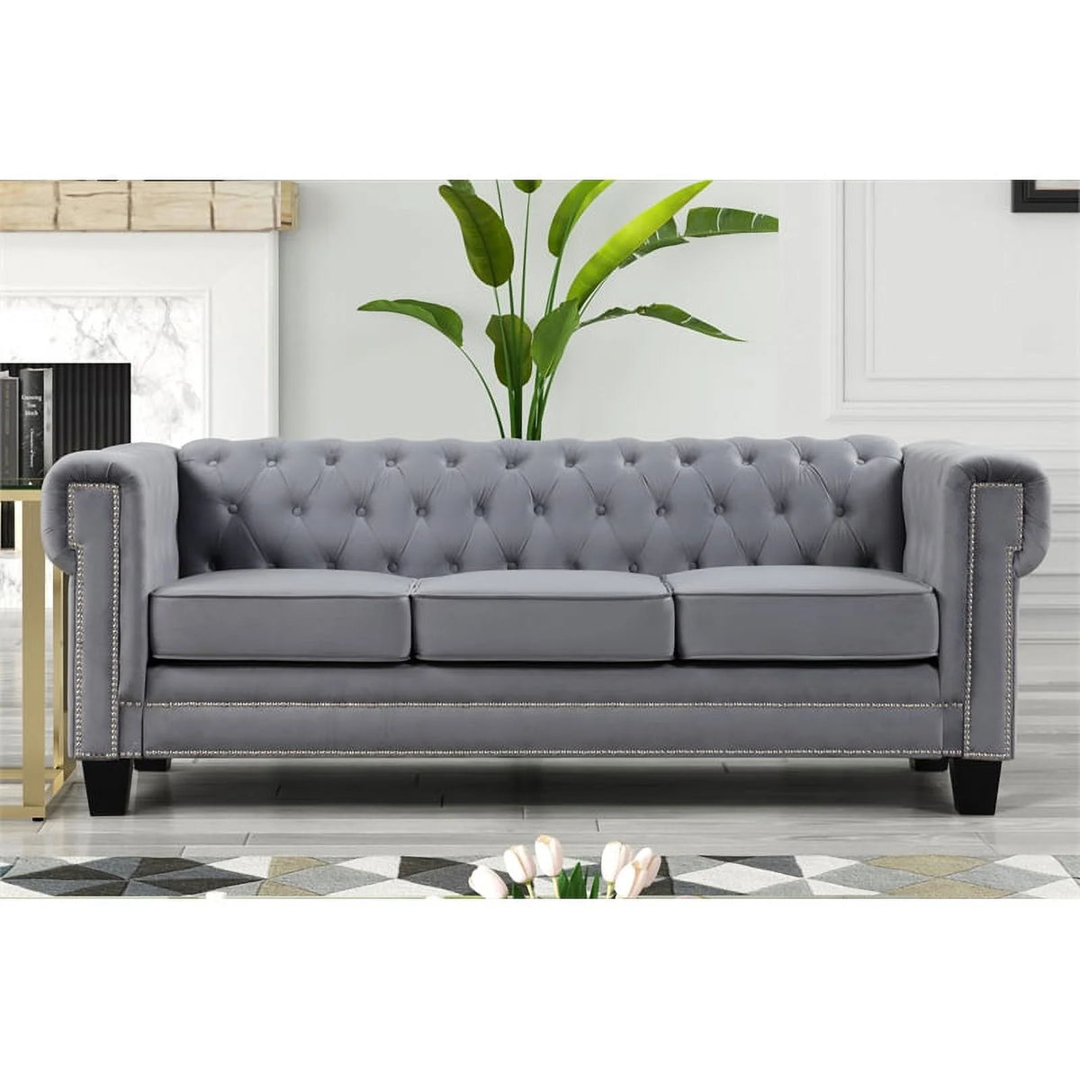 3-Piece Velvet Fabric Furniture Set-Gray Q39818